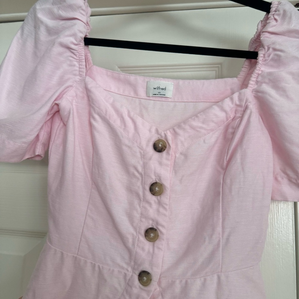 Aritzia Wilfred Janine Linen-Blend Puff Sleeve Button-Front Blouse Light Pink - Picture 4 of 6